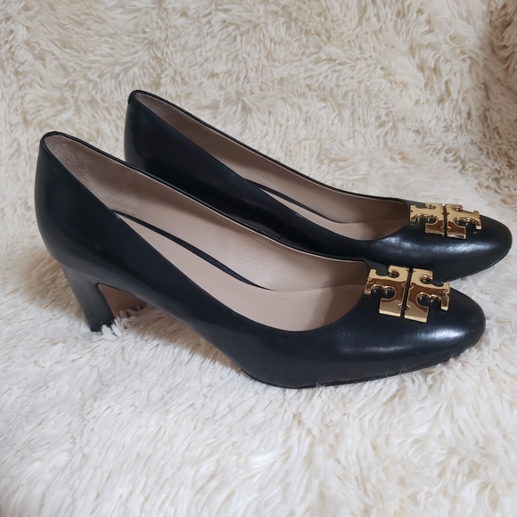 Tory Burch Black Heels with Gold Logo - Picture 2 of 10